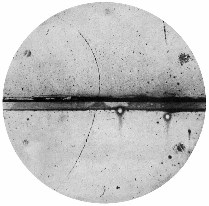 Cloud chamber photograph by Carl David Anderson of the first positron ever identified