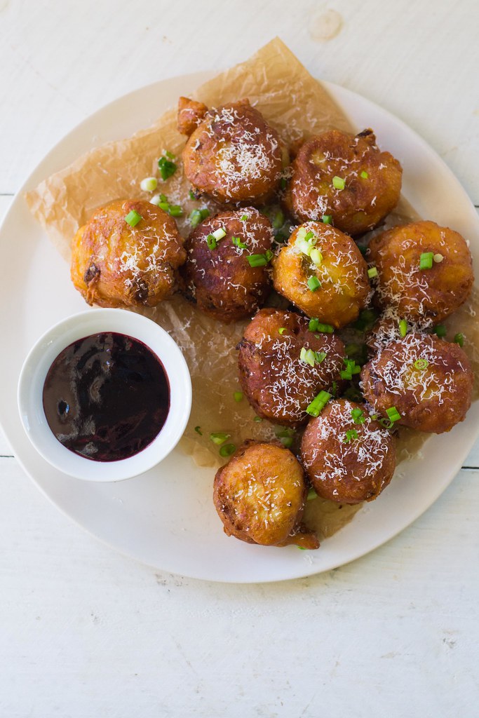 Savory Hatch Chile and Cheddar Donuts with Raspberry Wine Sauce