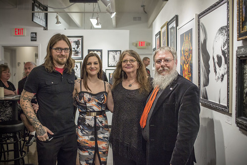 L to R: Gallery co-owners Andy Howl and Alainna Zwiernik with High Priestess and High Priest of the Church of Satan; Peggy Nadramia and Peter Gilmore