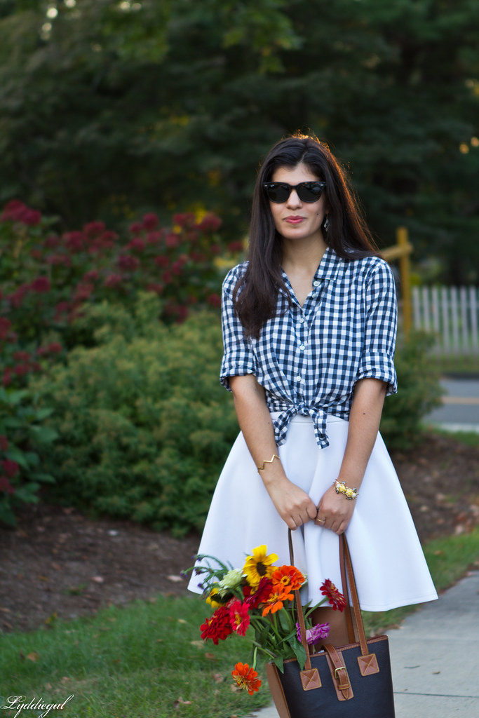 gingham knotted button down, white skirt, tote bag-4.jpg
