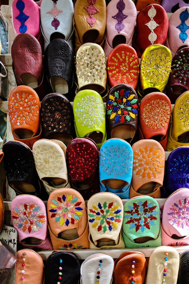 Babouche Moroccan Leather Slippers at Place Jemaa el Fna.