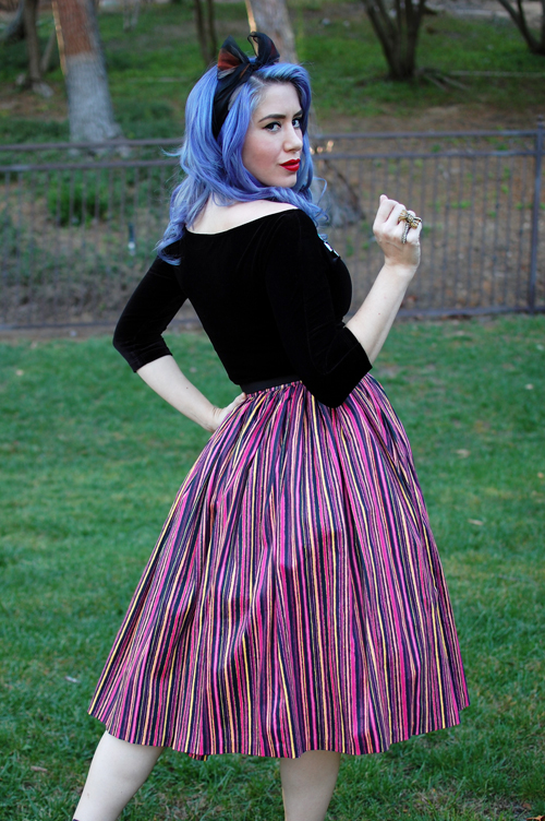 Pinup Girl Clothing Pinup Couture Jenny Skirt in Warm Cabana Stripes Lolita Top in Black Velvet