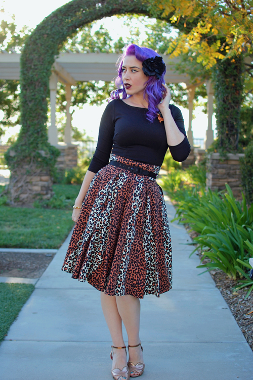 Pinup Girl Clothing Deadly Dames Kinky Box Skirt in Leopard Print Laura Byrnes Sabrina Top in Black
