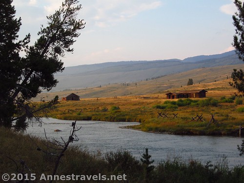 Ranch buildings across the Green River, Highline Trail, Green River Lakes, Wind River Range, Wyoming