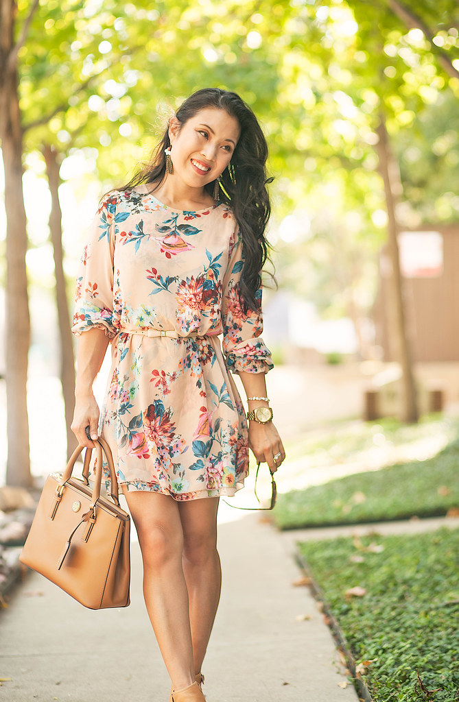 cute & little blog | petite fashion | pink floral dress, tan cutout peeptoe booties | spring fall outfit