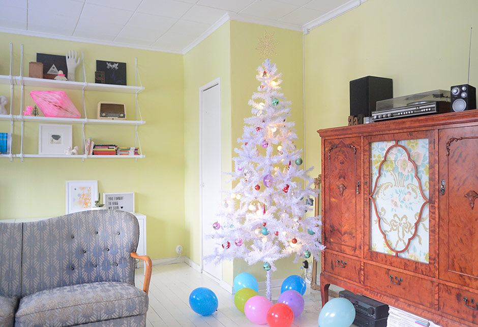 White Christmas tree with pastel ornaments