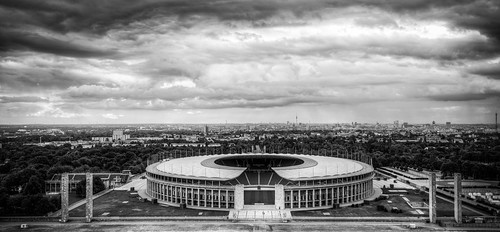 blackandwhite bw berlin tower monochrome up mono blackwhite cityscape view bell cloudy stadium belltower olympia olympic stadion olympiastadion herthaberlin