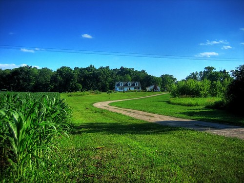 blue sky house green home field grass garden corn cornfield country driveway land powerline frontyard hdr