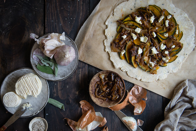 kabocha, goat cheese, & caramelized onion galette | two red bowls