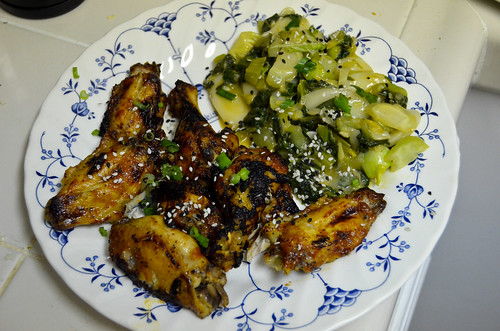 Spicy Korean Chicken Wings with Rice Cakes & Baby Bok Choy