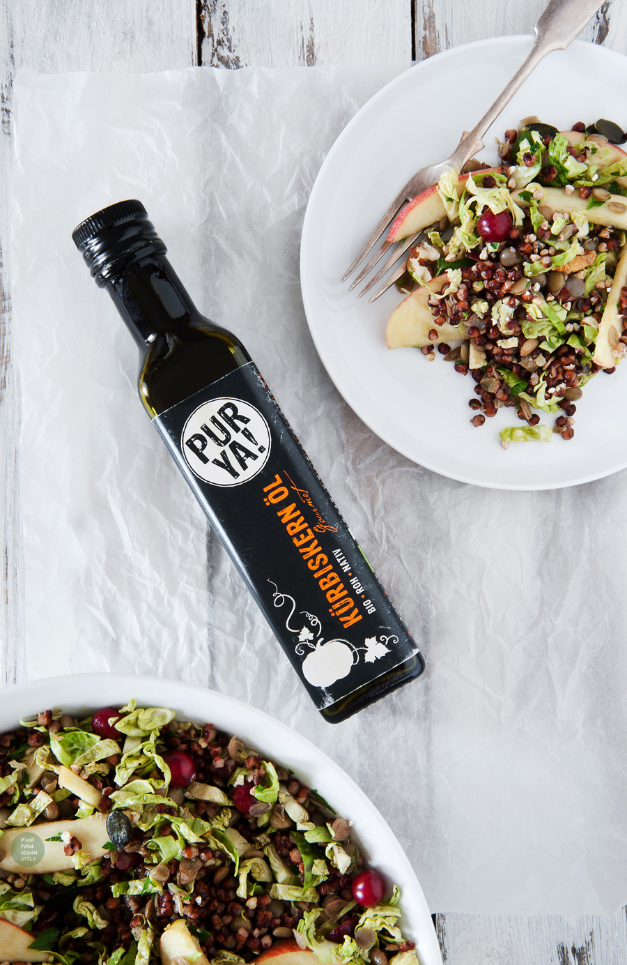 VEGAN AUTUMN SALAD WITH SORGHUM GRAINS, LENTILS, BRUSSELS SPROUTS, CRANBERRIES AND PURYA! RAW PUMPKIN SEED OIL
