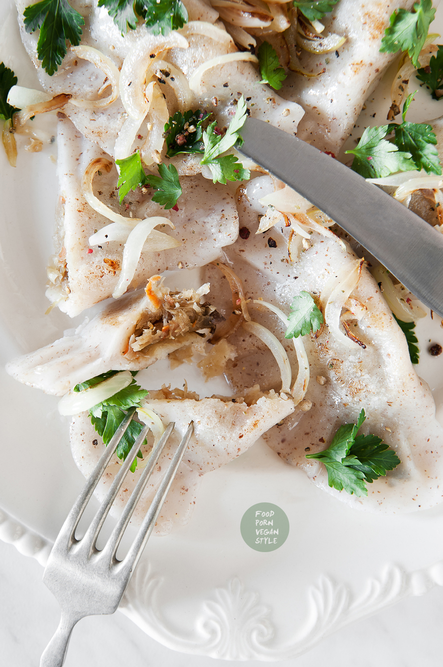 Gluten-free vegan polish style dumplings with sauerkraut and wild mushrooms