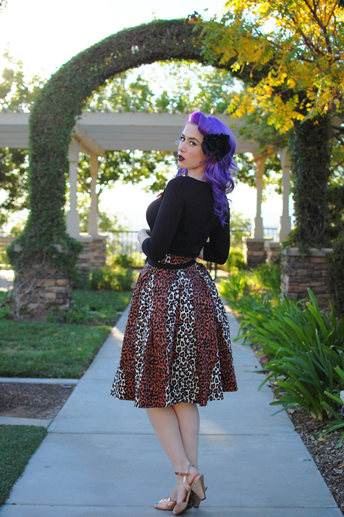 Pinup Girl Clothing Deadly Dames Kinky Box Skirt in Leopard Print Laura Byrnes Sabrina Top in Black