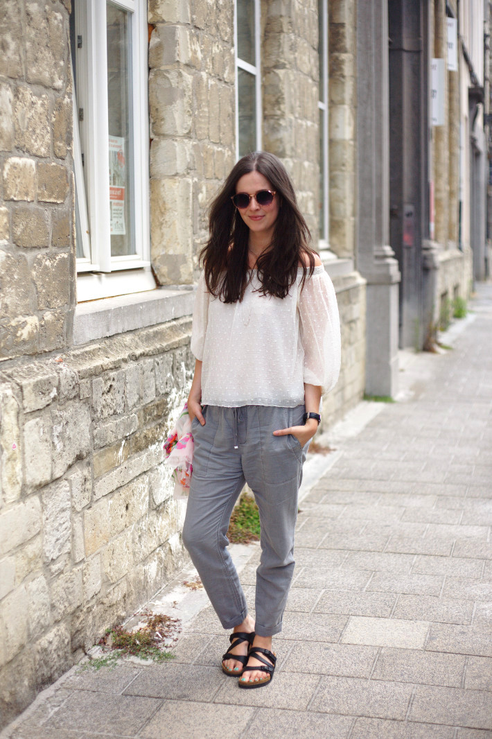 outfit: off the shoulder top, relaxed trousers, birkenstocks