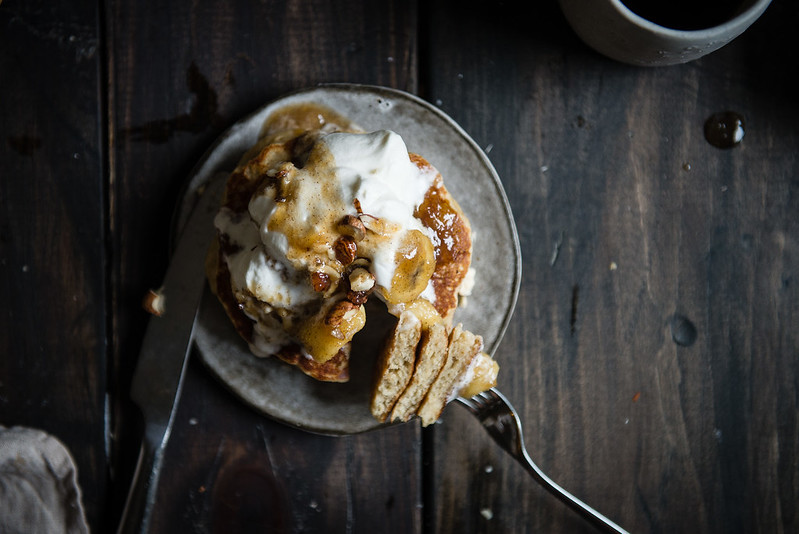 brown butter-oat pancakes with caramelized bananas & bourbon whip