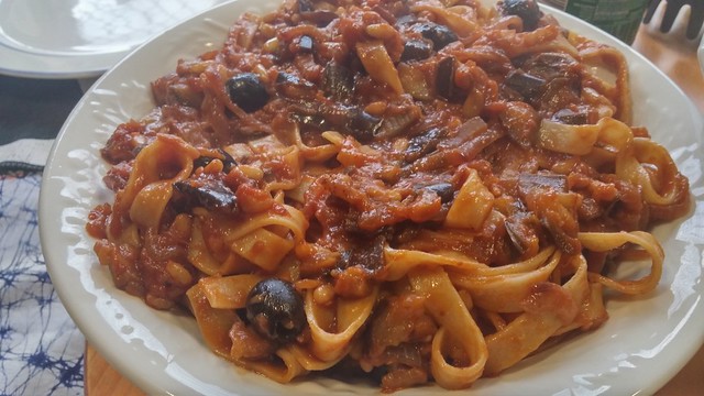 Ribbon Pasta with aubergines and pine nuts