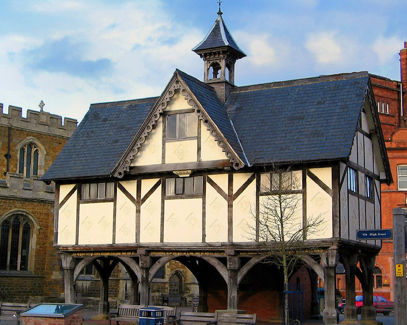Old Grammar School, Church Square, Market Harborough, Leicestershire. The school was on the first floor; the open ground floor was a butter market. Credit G-Man