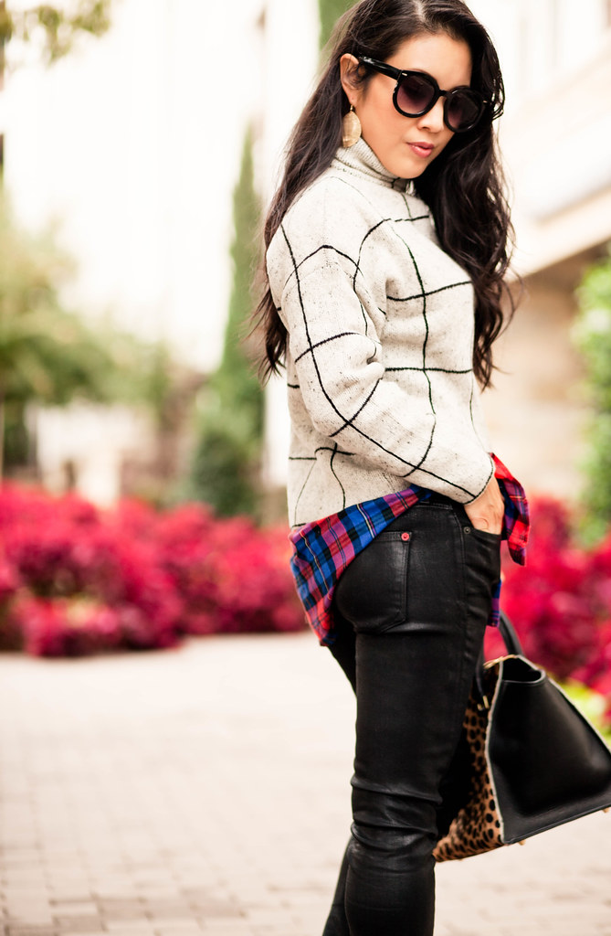 cute & little blog | petite fashion | red blue plaid shirt, gray grid sweater, spanx black lacquer skinny jeans, blue suede pumps, clare v leopard sandrine satchel | fall winter outfit