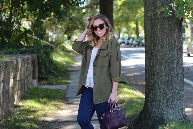 Olive Green Jacket | Lace Top | Cuffed Jeans | Tan Suede Booties | Fall Fashion