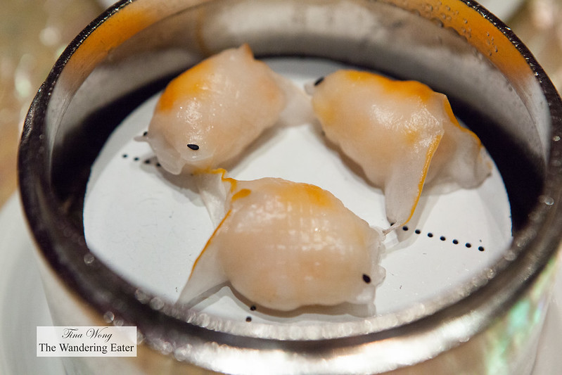 Goldfish shaped har gow (蝦餃) or shrimp dumpling