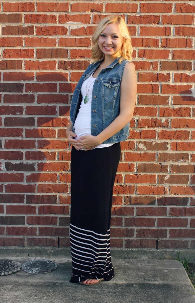 maxi skirt + denim vest