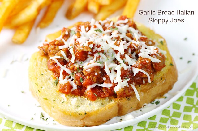 Garlic Bread Italian Sloppy Joe close up on a plate with cheese.