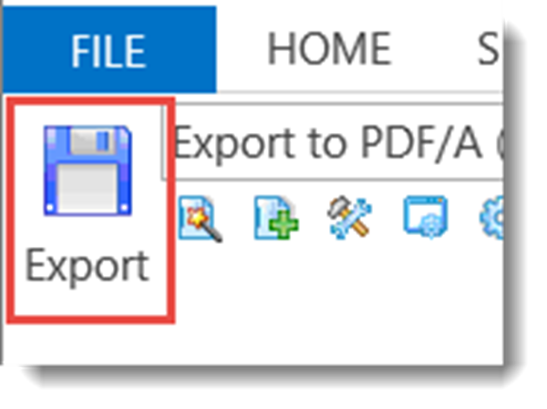 Screen shot of the Export button in MS Outlook toolbar, with "PDF/A" shown in the selection box.