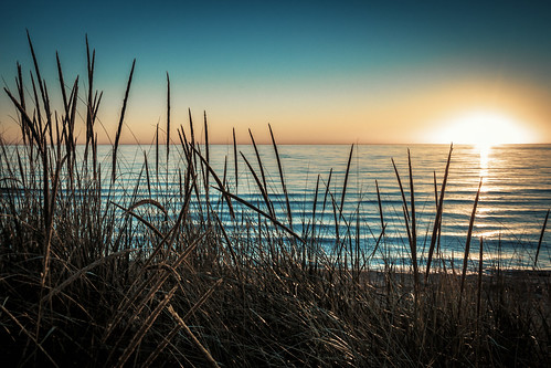 lakemichigan michigan beach blue bright glow grass horizon lakeshore landscape sun sunlight sunrise sunset water