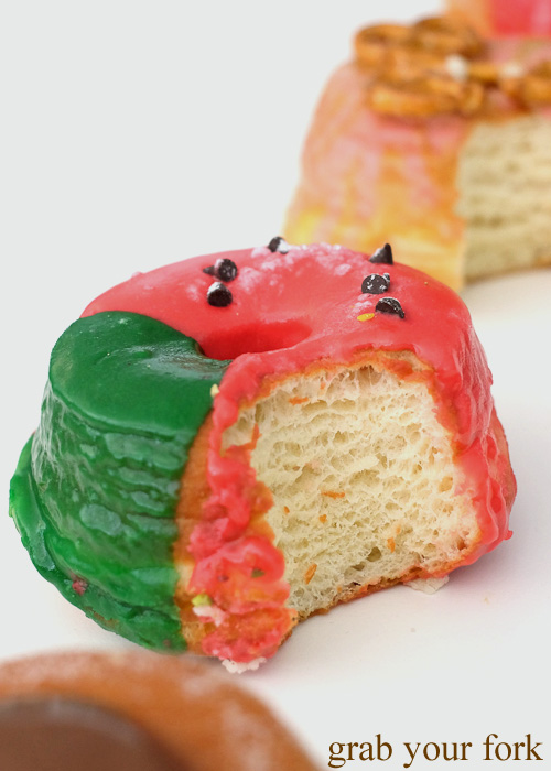 Inside the Melon Degeneres donut with sour watermelon glaze at Doughnut Time at Central Park, Chippendale
