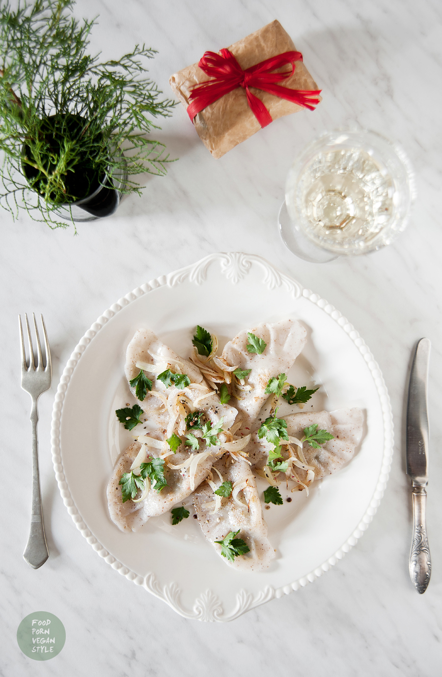 Gluten-free vegan polish style dumplings with sauerkraut and wild mushrooms