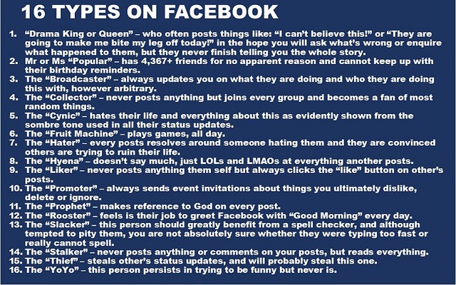 Humourous list of Facebook user types