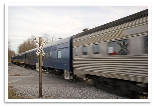reflection train crossing milner ky motionblur crossbuck santaclaustrain bluegrassrailroadmuseum