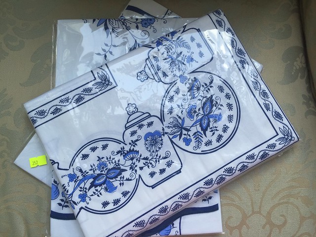 white and blue table cloths from Prague