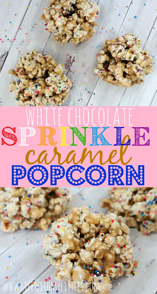 This white chocolate sprinkle caramel popcorn recipe is perfect! The gooeyness of the caramel, the sweetness of the chocolate, and the crunch of the sprinkles! It's so yummy!