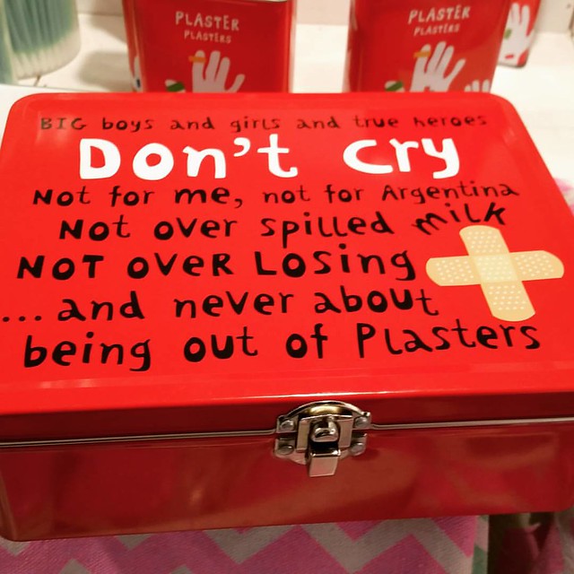First aid kit seen at #Tiger tonight. Love what it says. #firstaid #firstaidkit #herosdontcry #everybodyhurtssometimes