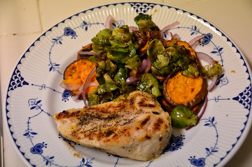 Seared Chicken & Roasted Sweet Potato Rounds with Chestnut & Brussels Sprout Pan Sauce