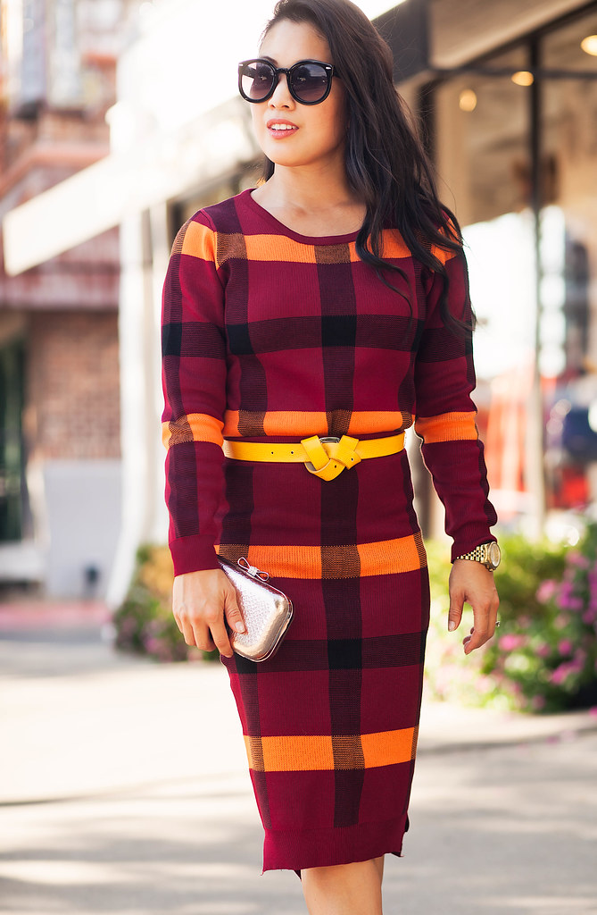 cute & little blog | petite fashion | marsala plaid knit sweater pencil skirt set, knotted belt, gold pumps | fall outfit