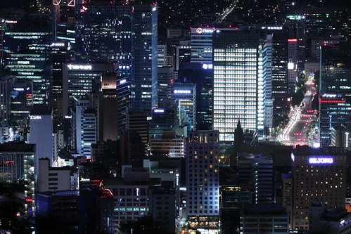 horizontal outdoors nopeople city view district office buildings skyscraper night lights dense metropolis skyline nightscape cityscape rad avenue street cars traffic longexposure glass facade windows reflection dark highrise myeongdong travel travelling august 2016 summer vacation canon 5dmkii camera photography colour color touristic sight tourism nseoultower namsan mountnamsan ytnseoultower namsantower seoultower junggu seoul korea southkorea asia