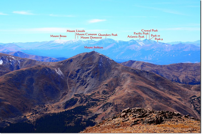 Mount Sniktau with Quandary Peak beyond, taken from the summit of Parnassus 1-1