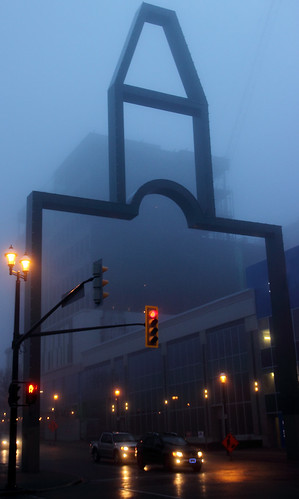urban wet misty fog buildings dawn haze oldcityhall simcoecounty barrieontario