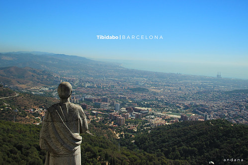 barcelona spain tibidabo hill panoramic view church statue park
