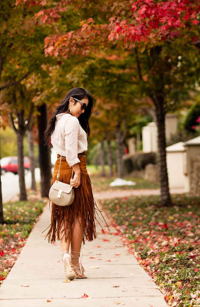 cute & little blog | petite fashion | everlane silk blouse, suede fringe skirt, lace-up nude heel sandals, chloe drew | fall outfit