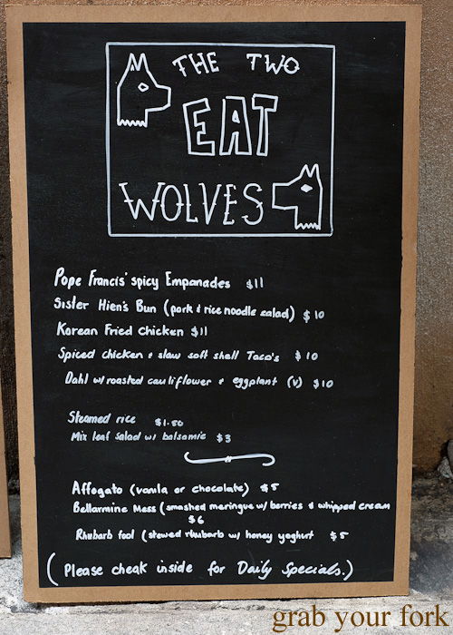 Food menu at The Two Wolves Community Cantina, Chippendale