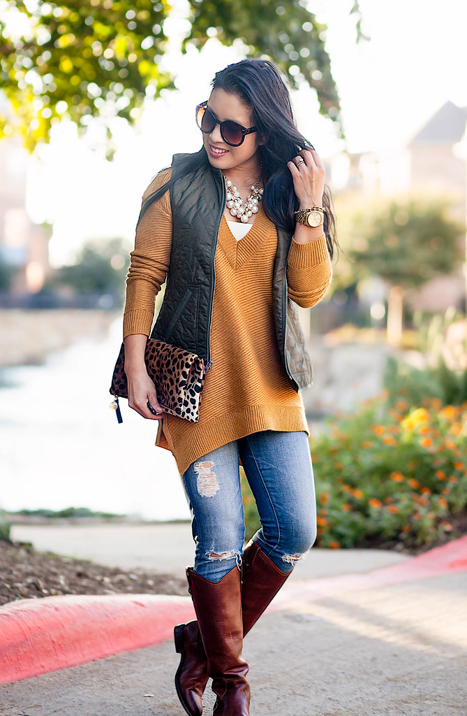 cute & little blog | army green quilted puffer vest, mustard sweater, distressed jeans, riding boots, leopard clutch | mommy + me | fall outfit