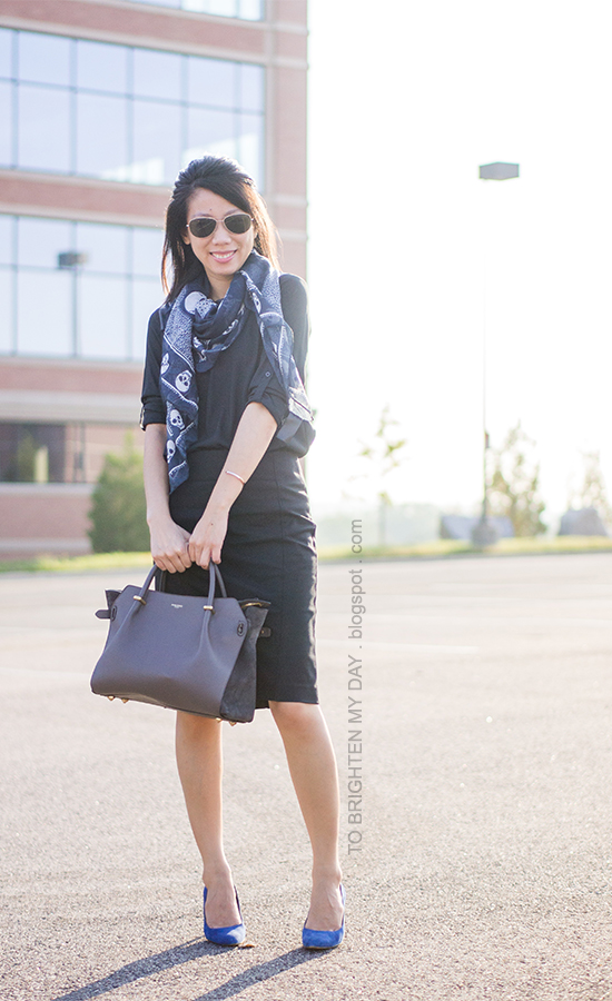 blue patterned scarf, black faux leather top, black pencil skirt, blue suede shoes