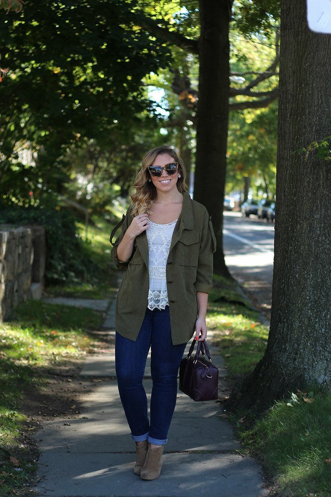 Olive Green Jacket | Lace Top | Cuffed Jeans | Tan Suede Booties | Fall Fashion