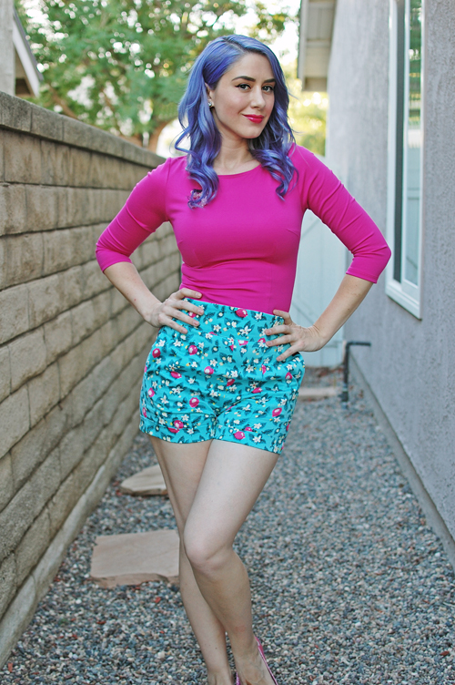 Pinup Girl Clothing Sabrina Top in Pink Laura Byrnes High Waisted Shorts in Blue Lemonade Print