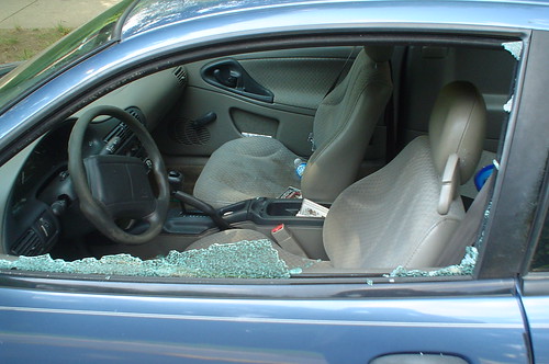 A broken window in a car