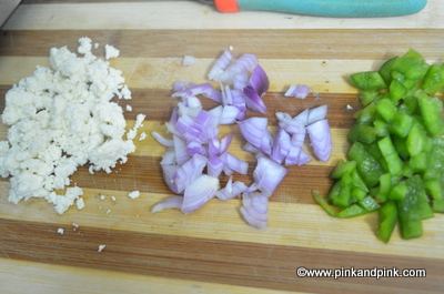 Paneer Bread Roll Recipe - Chop onion, capsicum and crumble paneer