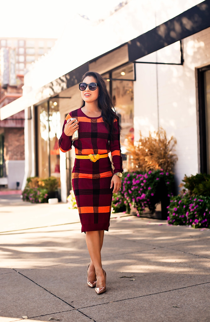 cute & little blog | petite fashion | marsala plaid knit sweater pencil skirt set, knotted belt, gold pumps | fall outfit